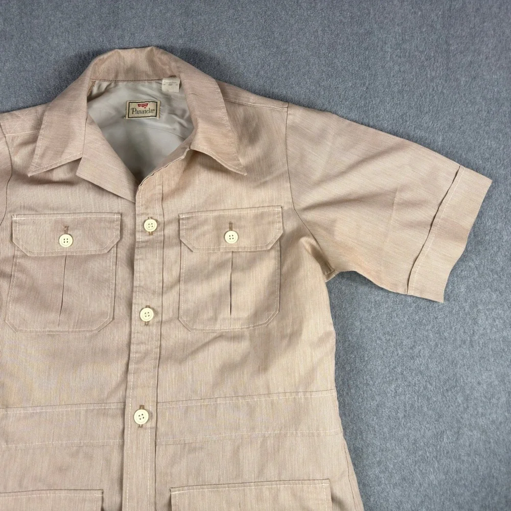 Vintage Levi's Panatela Short Sleeve 4 Pocket Beige Button Up Shirt Large 70s